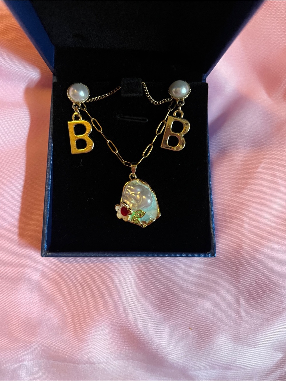 Gold-Tone 'B' Charm Pendant Necklace with White Pearl Accents and earrings set